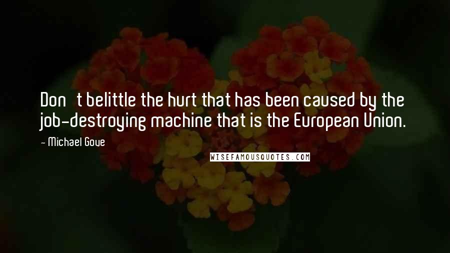 Michael Gove Quotes: Don't belittle the hurt that has been caused by the job-destroying machine that is the European Union.