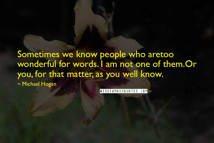Michael Hogan Quotes: Sometimes we know people who aretoo wonderful for words. I am not one of them.Or you, for that matter, as you well know.