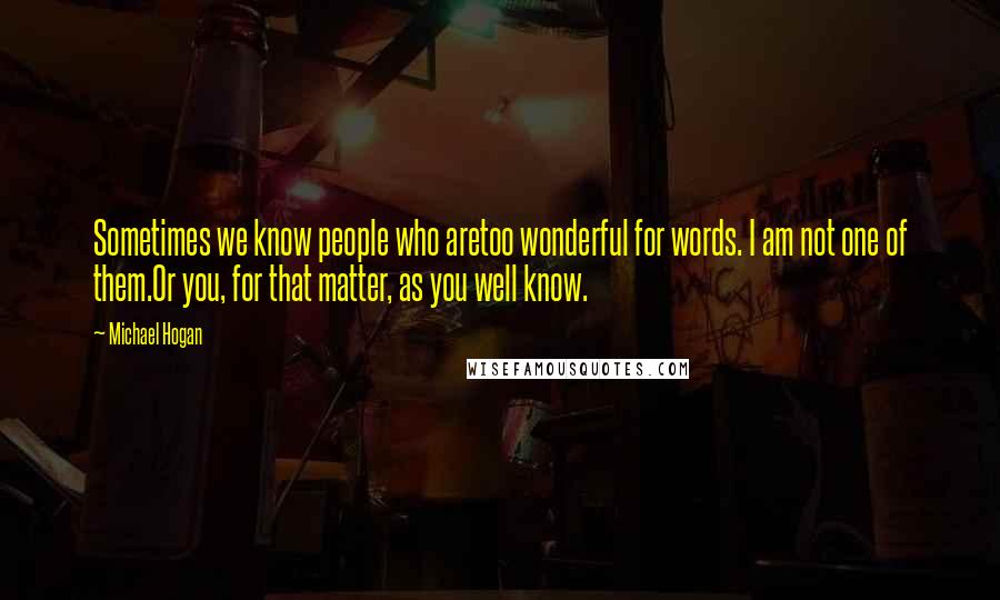 Michael Hogan Quotes: Sometimes we know people who aretoo wonderful for words. I am not one of them.Or you, for that matter, as you well know.