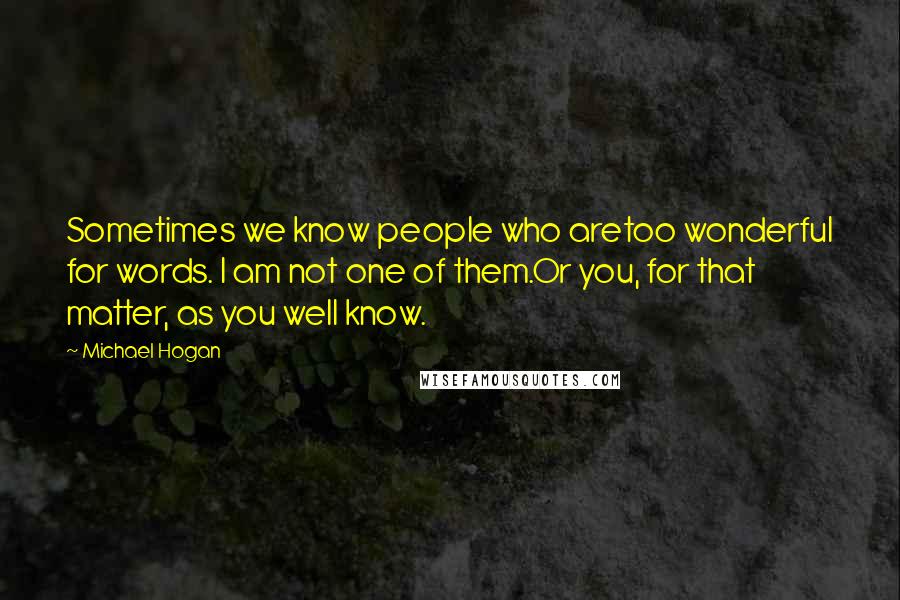 Michael Hogan Quotes: Sometimes we know people who aretoo wonderful for words. I am not one of them.Or you, for that matter, as you well know.