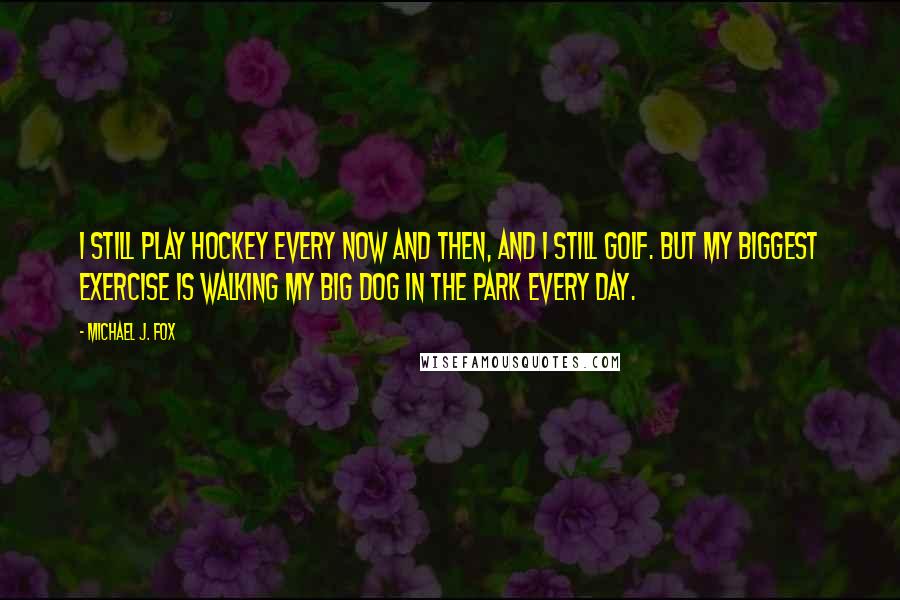 Michael J. Fox Quotes: I still play hockey every now and then, and I still golf. But my biggest exercise is walking my big dog in the park every day.