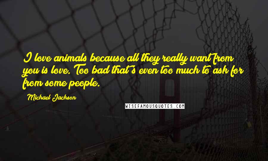 Michael Jackson Quotes: I love animals because all they really want from you is love. Too bad that's even too much to ask for from some people.