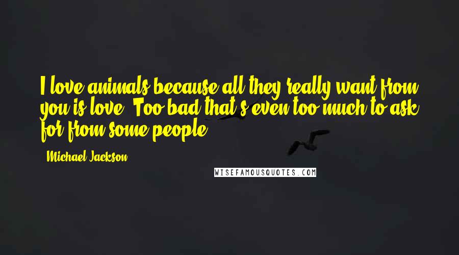 Michael Jackson Quotes: I love animals because all they really want from you is love. Too bad that's even too much to ask for from some people.