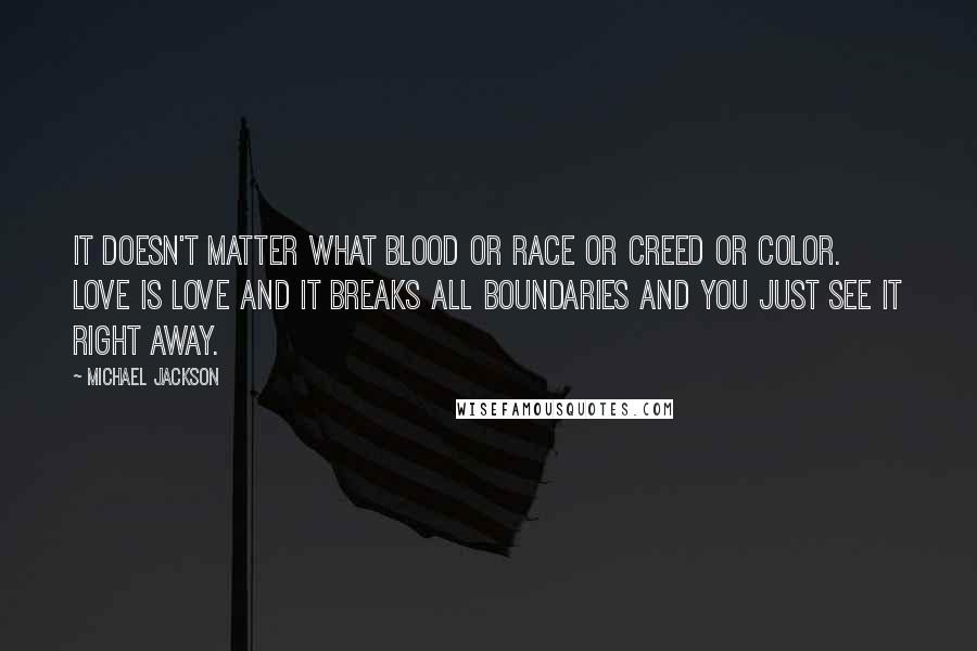 Michael Jackson Quotes: It doesn't matter what blood or race or creed or color. Love is love and it breaks all boundaries and you just see it right away.