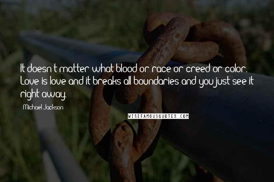 Michael Jackson Quotes: It doesn't matter what blood or race or creed or color. Love is love and it breaks all boundaries and you just see it right away.