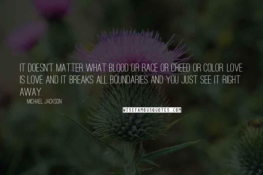 Michael Jackson Quotes: It doesn't matter what blood or race or creed or color. Love is love and it breaks all boundaries and you just see it right away.