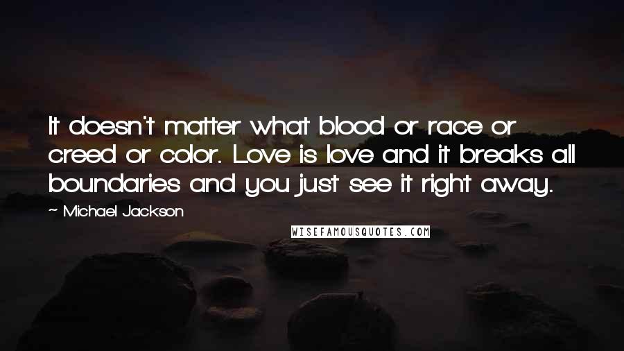Michael Jackson Quotes: It doesn't matter what blood or race or creed or color. Love is love and it breaks all boundaries and you just see it right away.