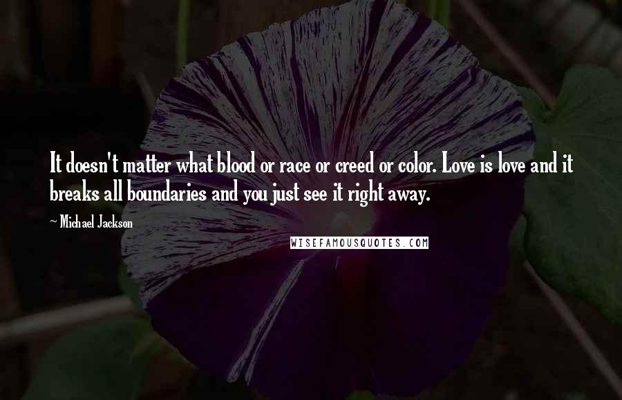 Michael Jackson Quotes: It doesn't matter what blood or race or creed or color. Love is love and it breaks all boundaries and you just see it right away.