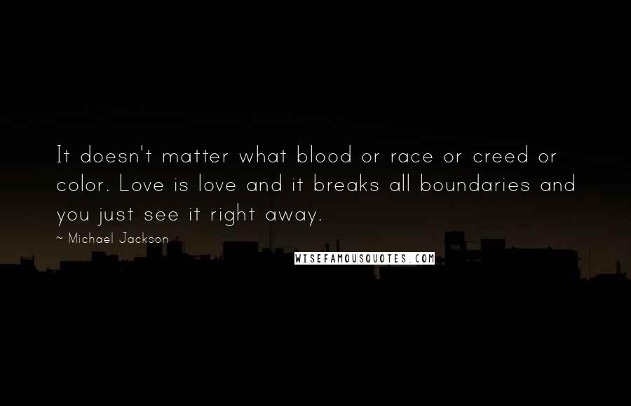 Michael Jackson Quotes: It doesn't matter what blood or race or creed or color. Love is love and it breaks all boundaries and you just see it right away.