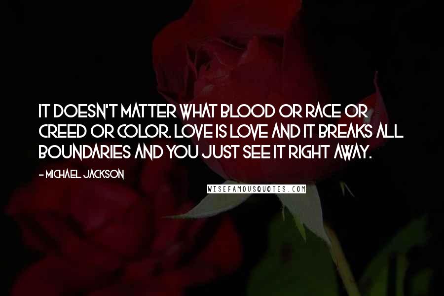 Michael Jackson Quotes: It doesn't matter what blood or race or creed or color. Love is love and it breaks all boundaries and you just see it right away.