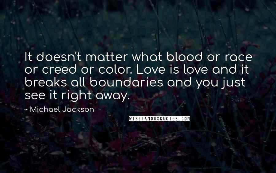 Michael Jackson Quotes: It doesn't matter what blood or race or creed or color. Love is love and it breaks all boundaries and you just see it right away.