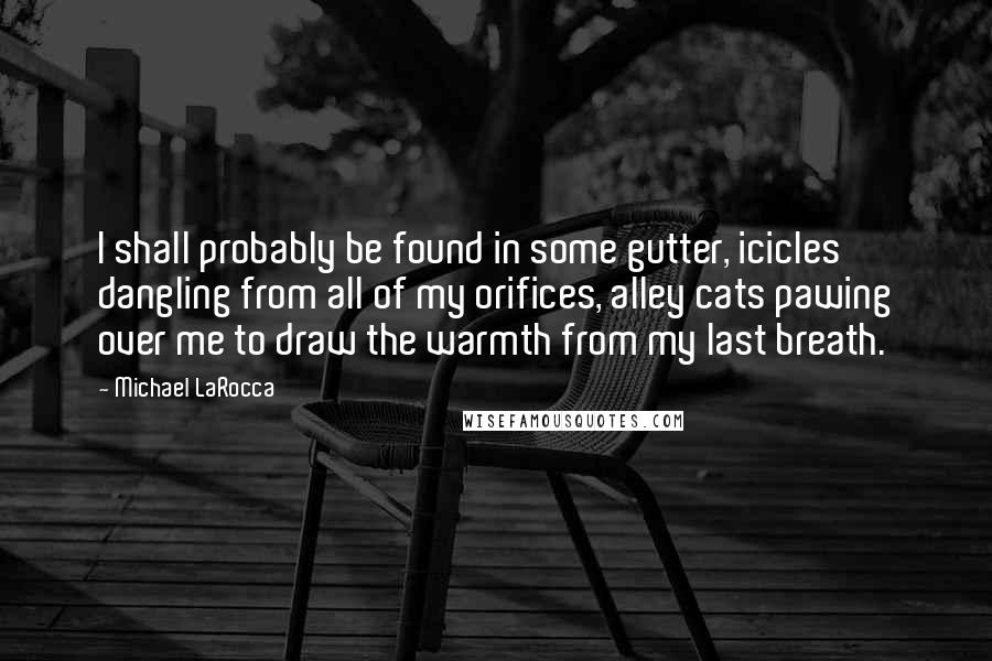 Michael LaRocca Quotes: I shall probably be found in some gutter, icicles dangling from all of my orifices, alley cats pawing over me to draw the warmth from my last breath.