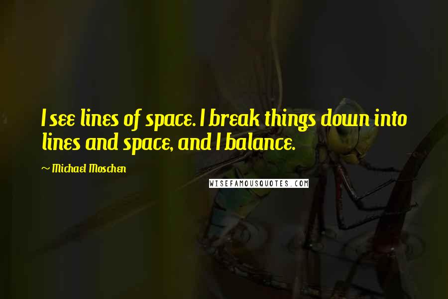 Michael Moschen Quotes: I see lines of space. I break things down into lines and space, and I balance.