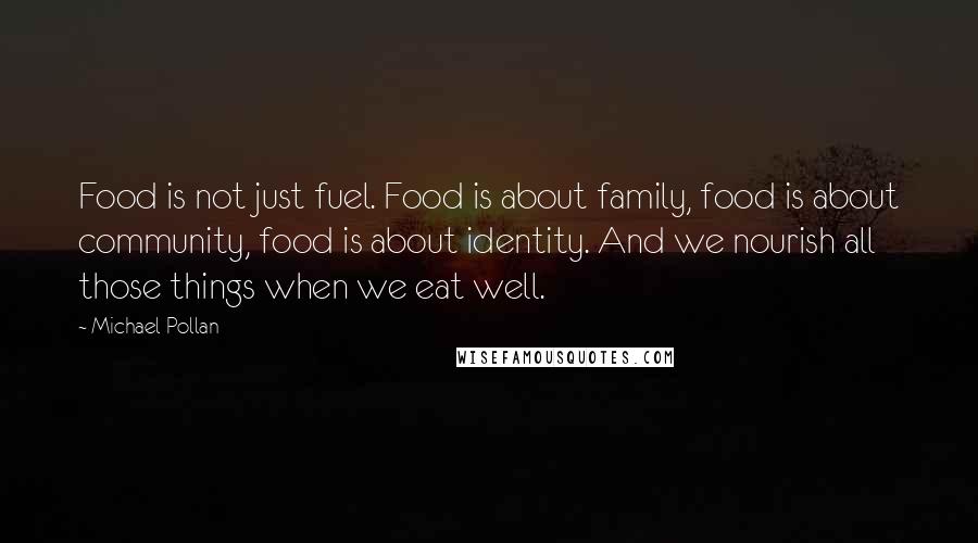 Michael Pollan Quotes: Food is not just fuel. Food is about family, food is about community, food is about identity. And we nourish all those things when we eat well.