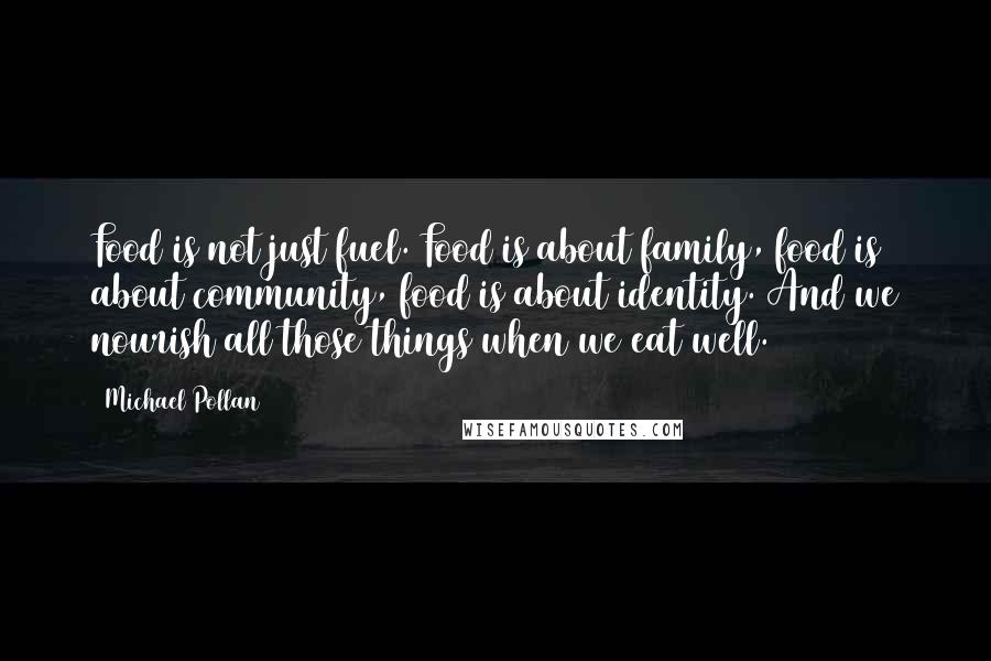 Michael Pollan Quotes: Food is not just fuel. Food is about family, food is about community, food is about identity. And we nourish all those things when we eat well.