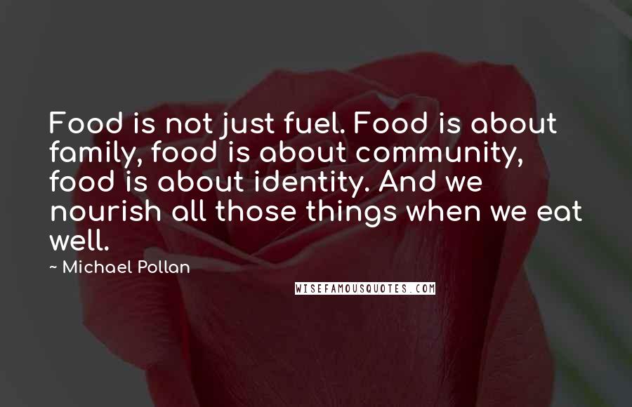 Michael Pollan Quotes: Food is not just fuel. Food is about family, food is about community, food is about identity. And we nourish all those things when we eat well.