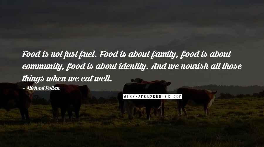 Michael Pollan Quotes: Food is not just fuel. Food is about family, food is about community, food is about identity. And we nourish all those things when we eat well.