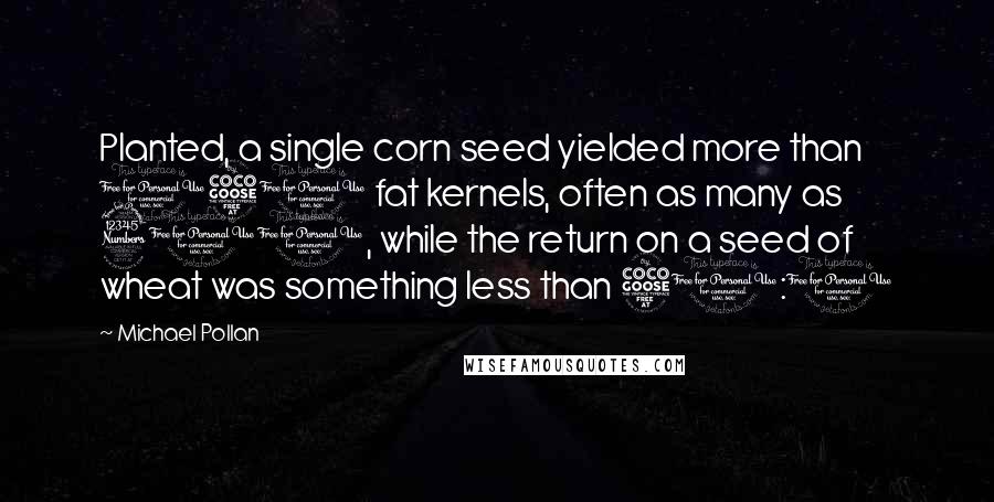 Michael Pollan Quotes: Planted, a single corn seed yielded more than 150 fat kernels, often as many as 300, while the return on a seed of wheat was something less than 50:1