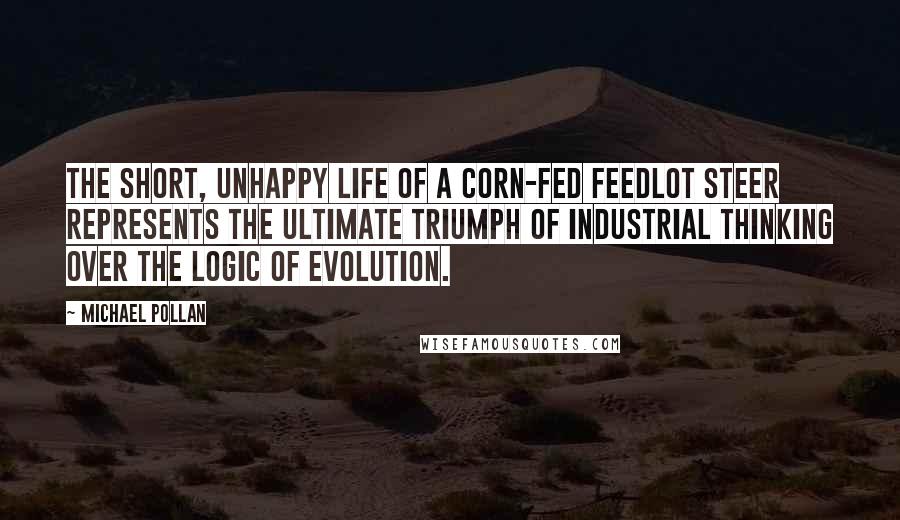 Michael Pollan Quotes: The short, unhappy life of a corn-fed feedlot steer represents the ultimate triumph of industrial thinking over the logic of evolution.