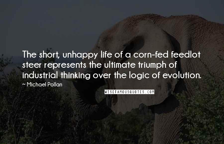 Michael Pollan Quotes: The short, unhappy life of a corn-fed feedlot steer represents the ultimate triumph of industrial thinking over the logic of evolution.