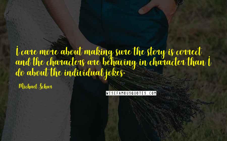 Michael Schur Quotes: I care more about making sure the story is correct and the characters are behaving in character than I do about the individual jokes.