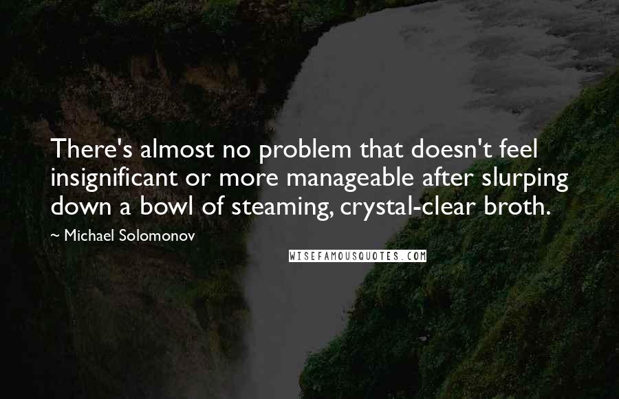 Michael Solomonov Quotes: There's almost no problem that doesn't feel insignificant or more manageable after slurping down a bowl of steaming, crystal-clear broth.