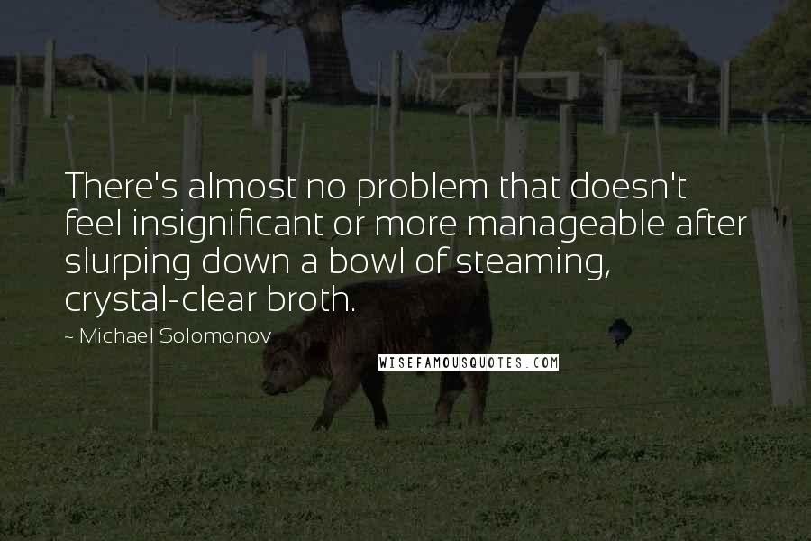 Michael Solomonov Quotes: There's almost no problem that doesn't feel insignificant or more manageable after slurping down a bowl of steaming, crystal-clear broth.