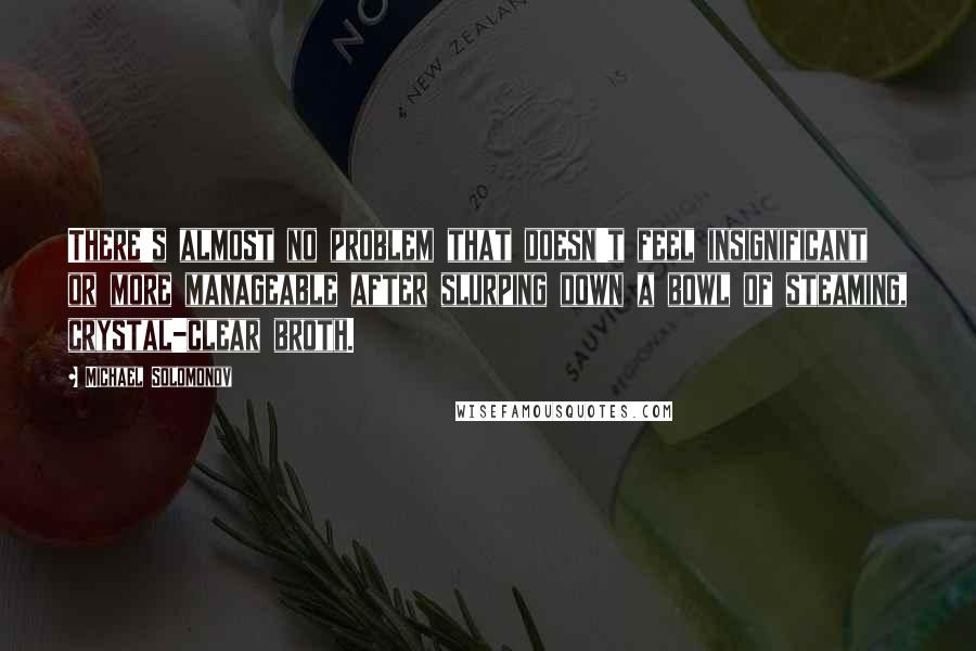 Michael Solomonov Quotes: There's almost no problem that doesn't feel insignificant or more manageable after slurping down a bowl of steaming, crystal-clear broth.