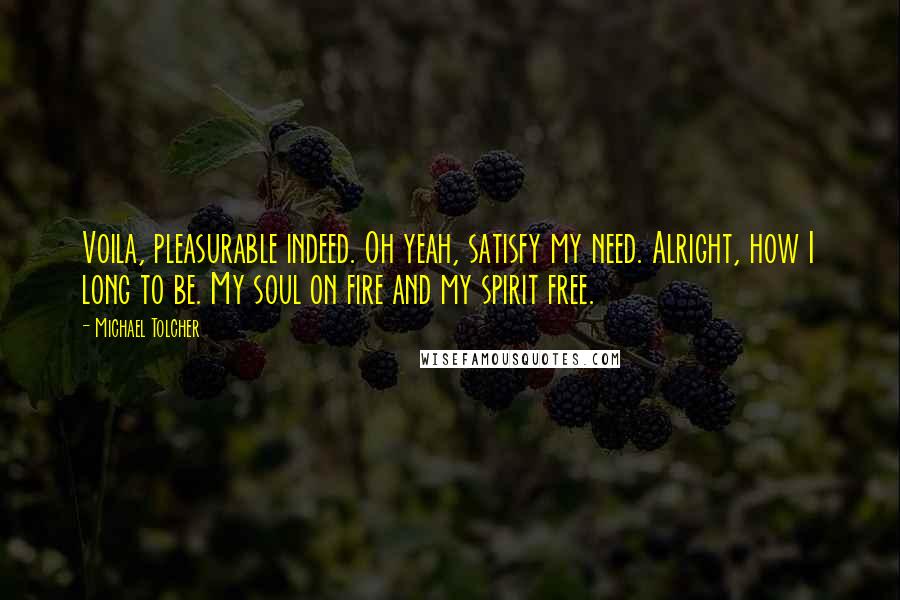Michael Tolcher Quotes: Voila, pleasurable indeed. Oh yeah, satisfy my need. Alright, how I long to be. My soul on fire and my spirit free.