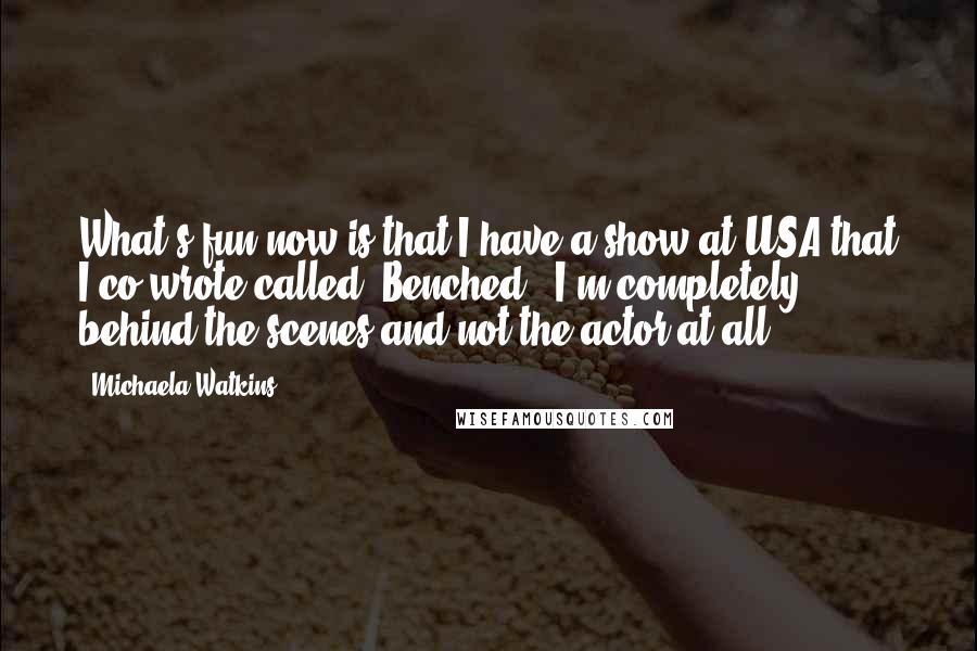 Michaela Watkins Quotes: What's fun now is that I have a show at USA that I co-wrote called 'Benched.' I'm completely behind the scenes and not the actor at all.