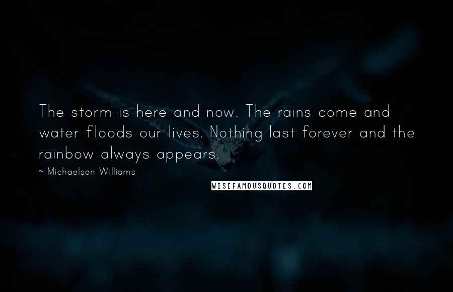 Michaelson Williams Quotes: The storm is here and now. The rains come and water floods our lives. Nothing last forever and the rainbow always appears.