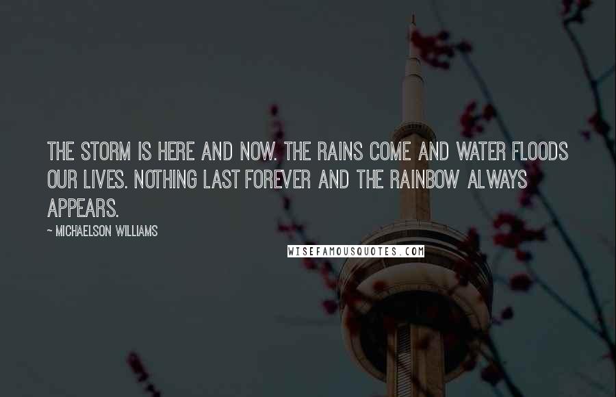 Michaelson Williams Quotes: The storm is here and now. The rains come and water floods our lives. Nothing last forever and the rainbow always appears.