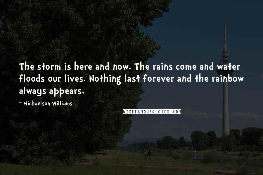 Michaelson Williams Quotes: The storm is here and now. The rains come and water floods our lives. Nothing last forever and the rainbow always appears.