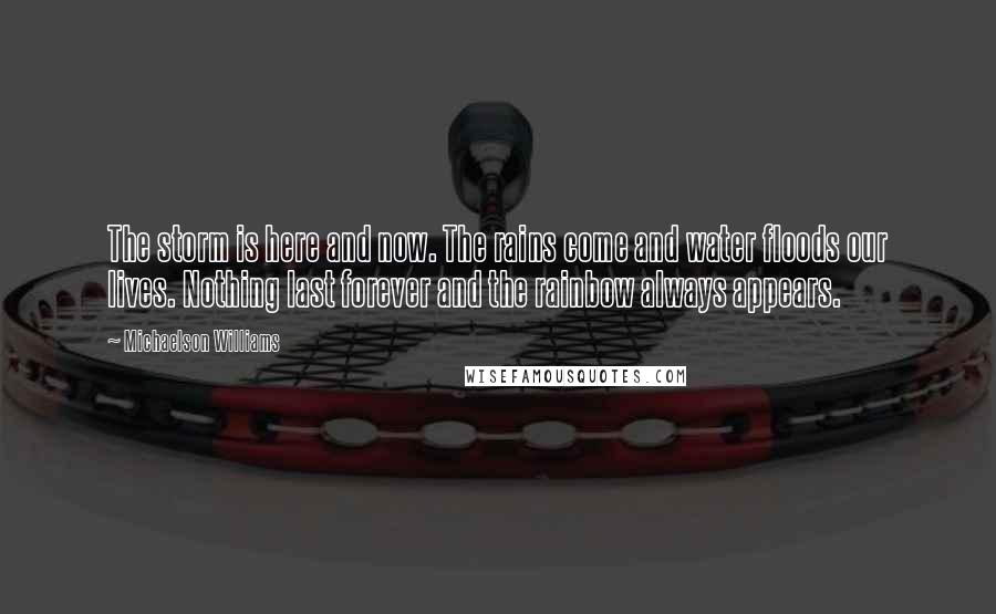 Michaelson Williams Quotes: The storm is here and now. The rains come and water floods our lives. Nothing last forever and the rainbow always appears.