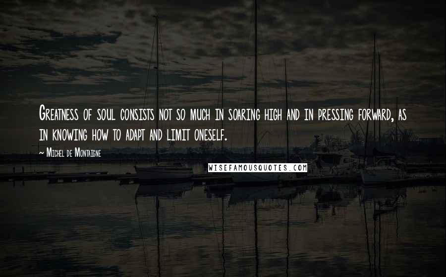 Michel De Montaigne Quotes: Greatness of soul consists not so much in soaring high and in pressing forward, as in knowing how to adapt and limit oneself.