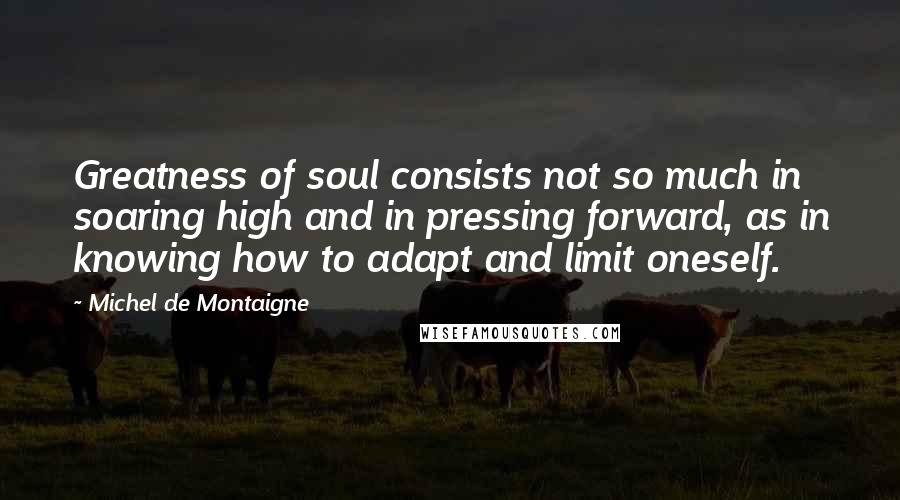 Michel De Montaigne Quotes: Greatness of soul consists not so much in soaring high and in pressing forward, as in knowing how to adapt and limit oneself.