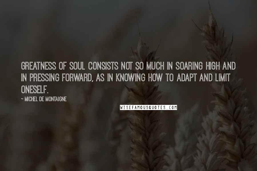 Michel De Montaigne Quotes: Greatness of soul consists not so much in soaring high and in pressing forward, as in knowing how to adapt and limit oneself.