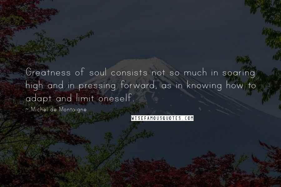 Michel De Montaigne Quotes: Greatness of soul consists not so much in soaring high and in pressing forward, as in knowing how to adapt and limit oneself.