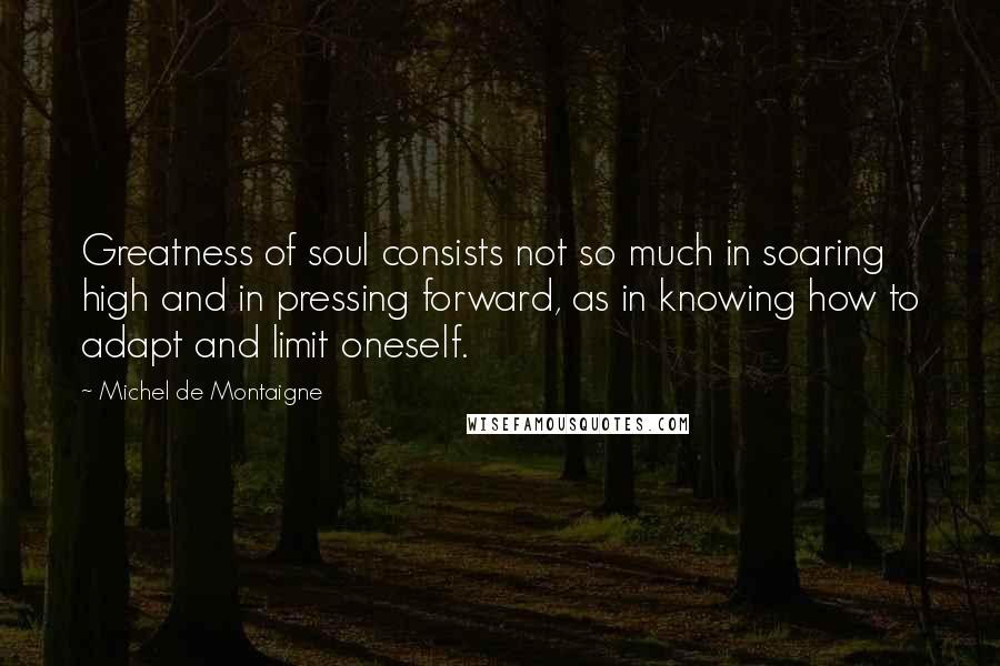 Michel De Montaigne Quotes: Greatness of soul consists not so much in soaring high and in pressing forward, as in knowing how to adapt and limit oneself.