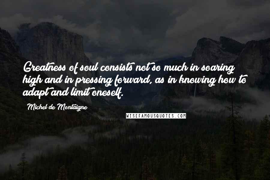 Michel De Montaigne Quotes: Greatness of soul consists not so much in soaring high and in pressing forward, as in knowing how to adapt and limit oneself.