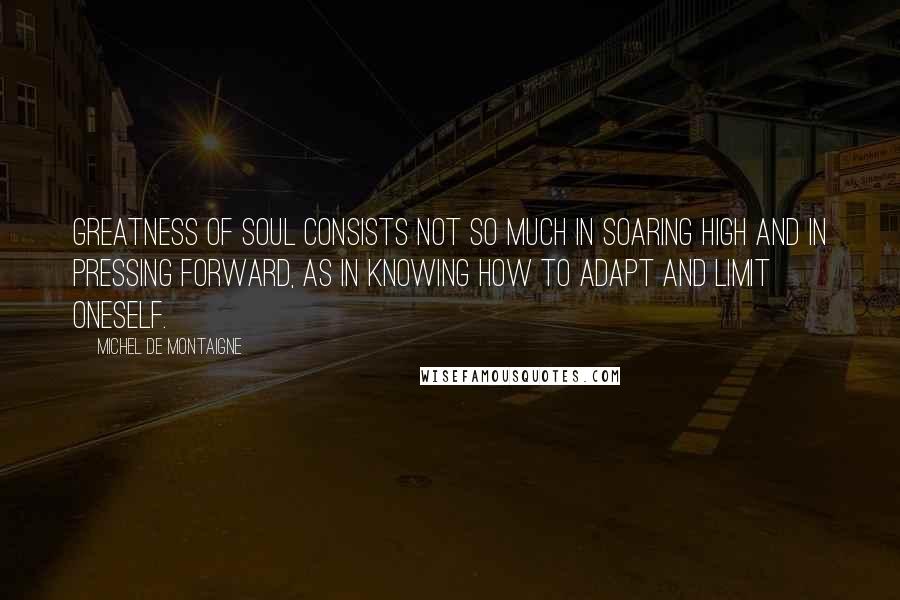 Michel De Montaigne Quotes: Greatness of soul consists not so much in soaring high and in pressing forward, as in knowing how to adapt and limit oneself.
