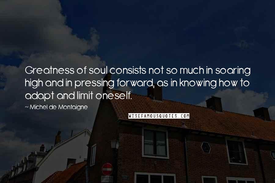 Michel De Montaigne Quotes: Greatness of soul consists not so much in soaring high and in pressing forward, as in knowing how to adapt and limit oneself.