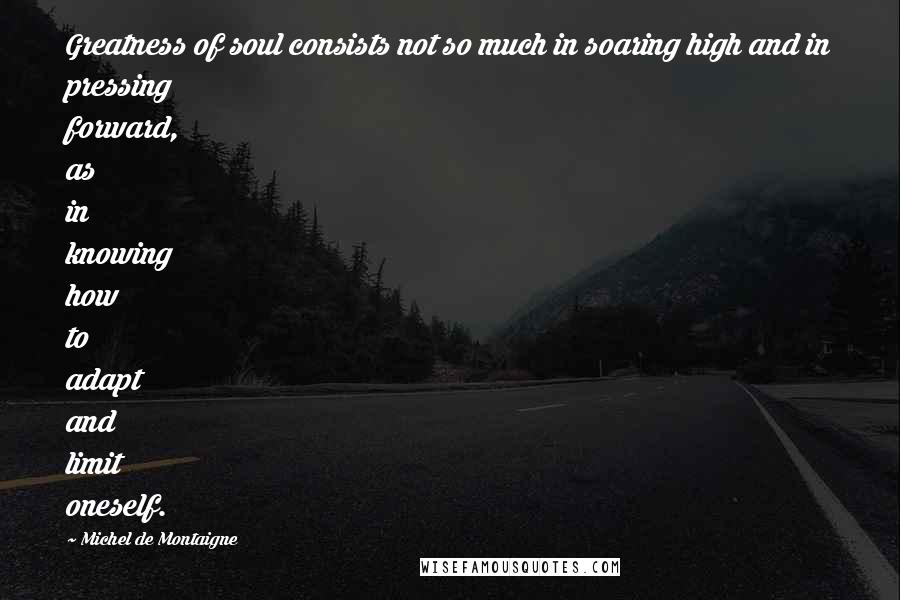 Michel De Montaigne Quotes: Greatness of soul consists not so much in soaring high and in pressing forward, as in knowing how to adapt and limit oneself.