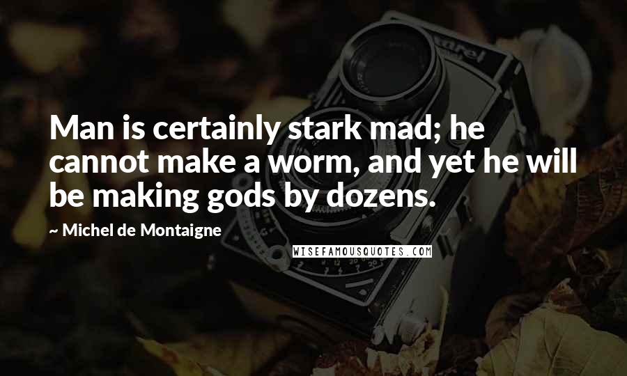 Michel De Montaigne Quotes: Man is certainly stark mad; he cannot make a worm, and yet he will be making gods by dozens.