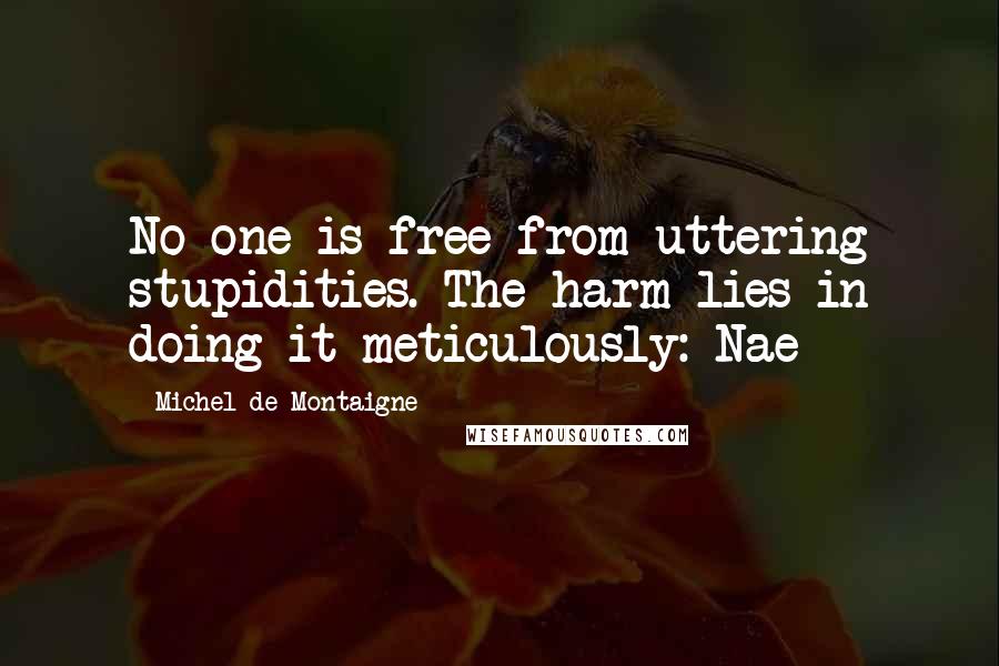 Michel De Montaigne Quotes: No one is free from uttering stupidities. The harm lies in doing it meticulously: Nae