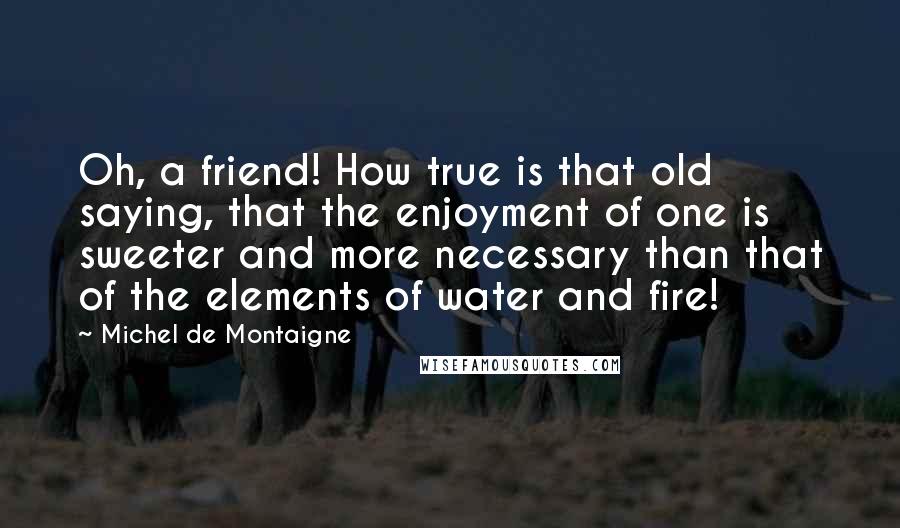 Michel De Montaigne Quotes: Oh, a friend! How true is that old saying, that the enjoyment of one is sweeter and more necessary than that of the elements of water and fire!