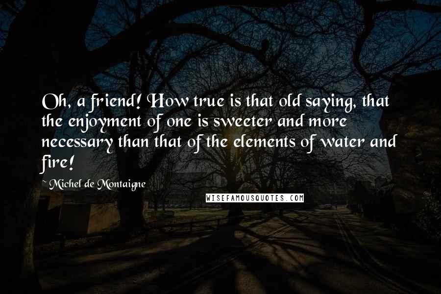 Michel De Montaigne Quotes: Oh, a friend! How true is that old saying, that the enjoyment of one is sweeter and more necessary than that of the elements of water and fire!