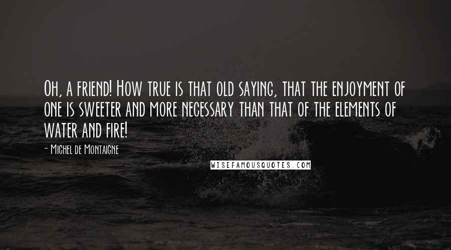 Michel De Montaigne Quotes: Oh, a friend! How true is that old saying, that the enjoyment of one is sweeter and more necessary than that of the elements of water and fire!