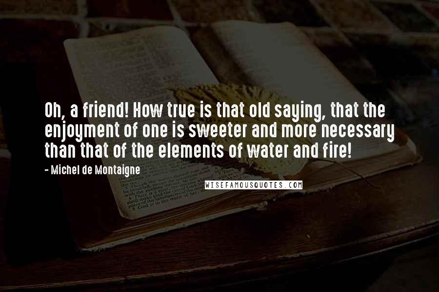 Michel De Montaigne Quotes: Oh, a friend! How true is that old saying, that the enjoyment of one is sweeter and more necessary than that of the elements of water and fire!