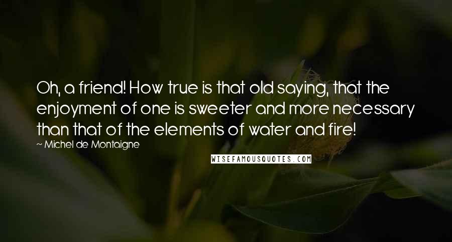 Michel De Montaigne Quotes: Oh, a friend! How true is that old saying, that the enjoyment of one is sweeter and more necessary than that of the elements of water and fire!